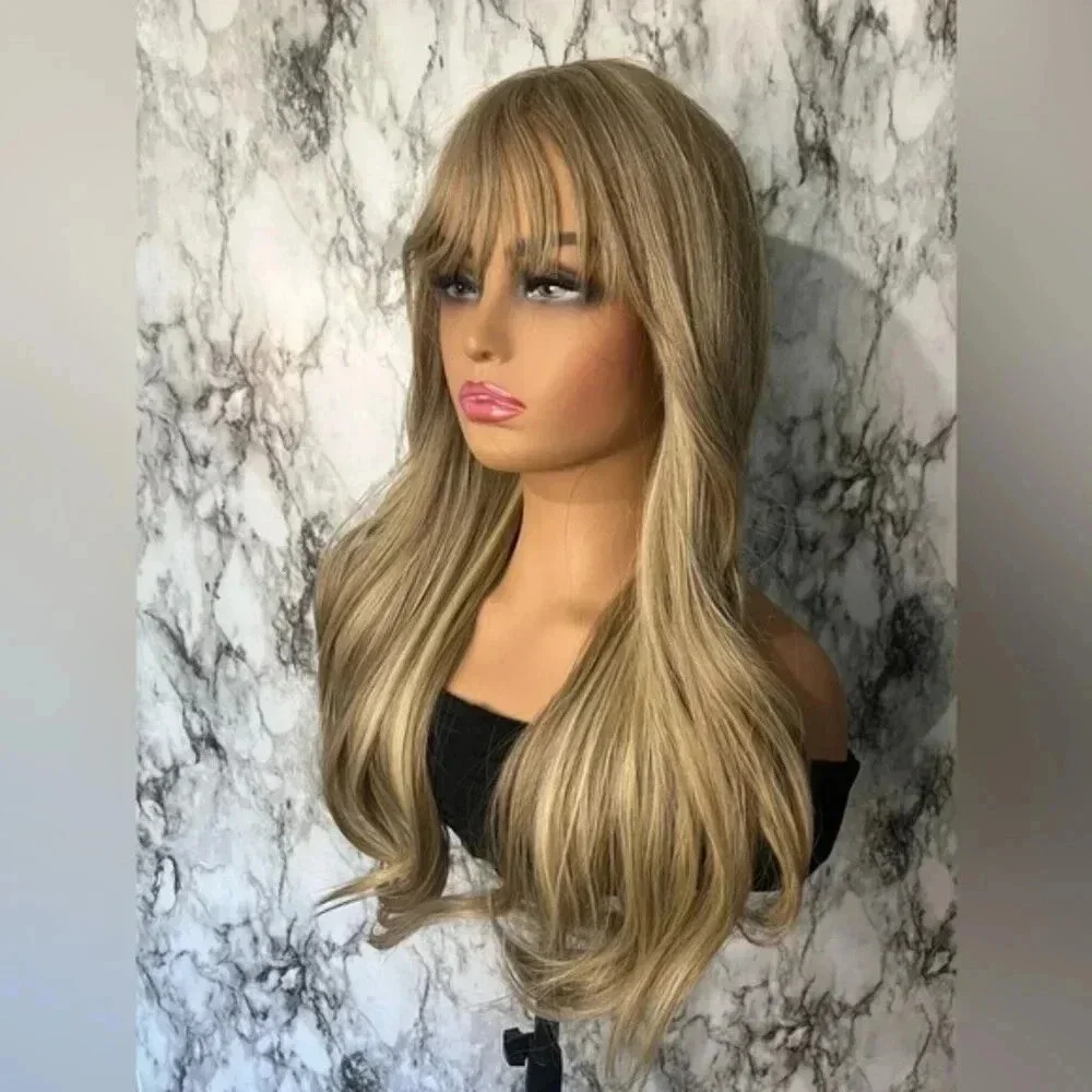 24 Inch Long Wave highlights Blonde wig with bangs